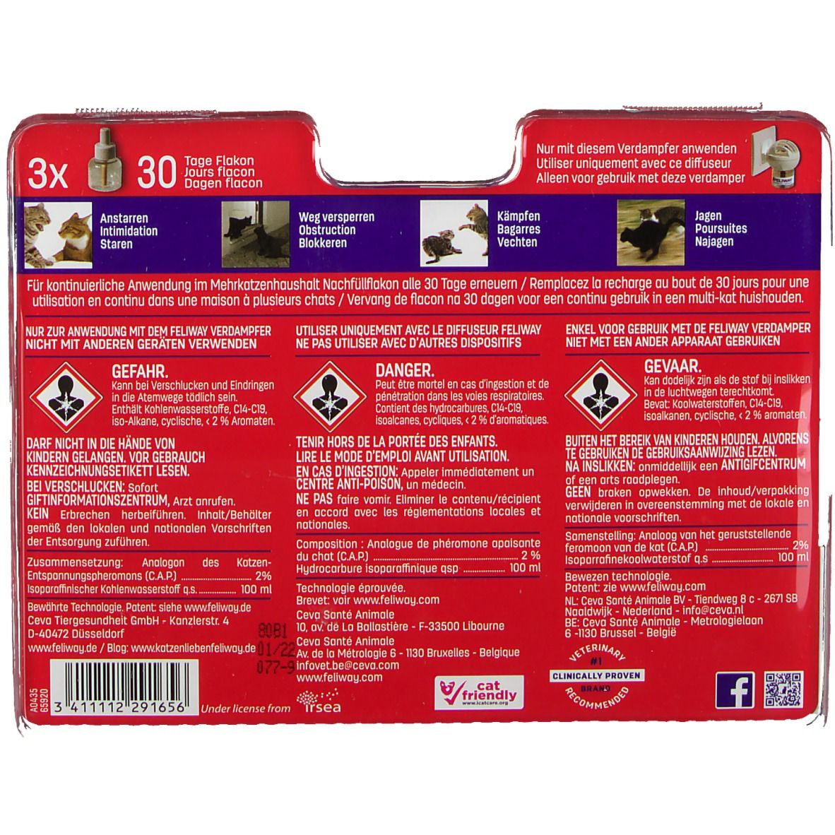 Verpackung mit drei Nachfüllflakons. Enthält Informationen zu Inhaltsstoffen und Warnhinweisen. Mit „cat friendly“ Siegel.