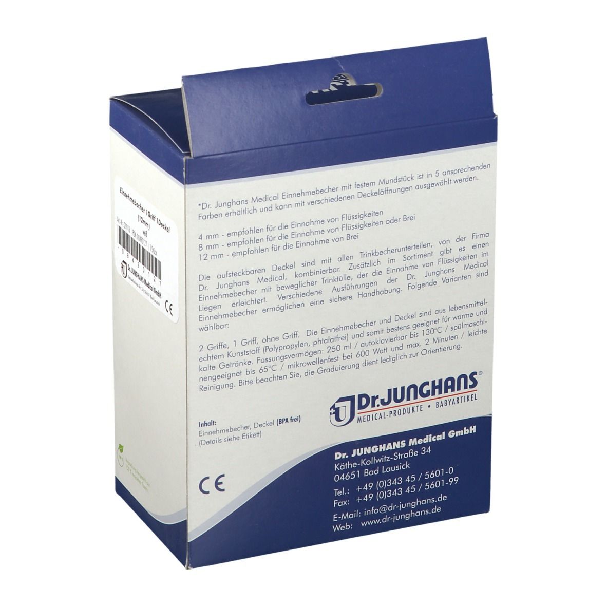 Dr. Junghans® Einnehmebecher 250 ml mit Griff weiß 1 Deckel 12 mm