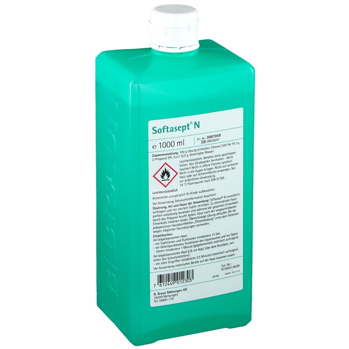 Grüne Flasche mit weißem Deckel. Softasept N. 1000 ml. Hautdesinfektionsmittel. B. Braun Logo.