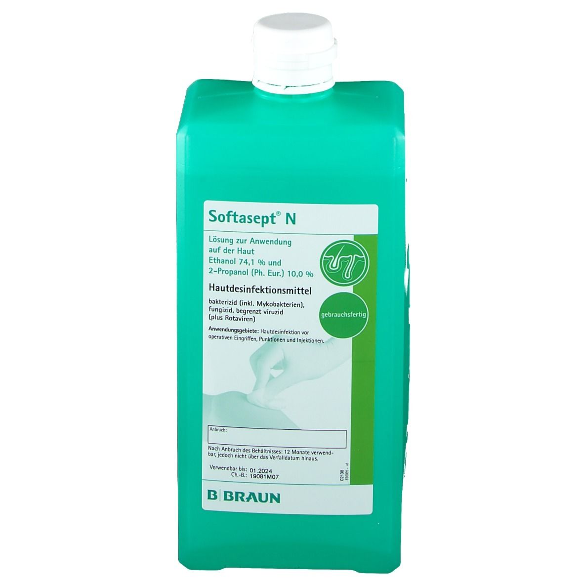 Grüne Flasche mit weißem Deckel. Softasept N. Hautdesinfektionsmittel. B. Braun Logo.