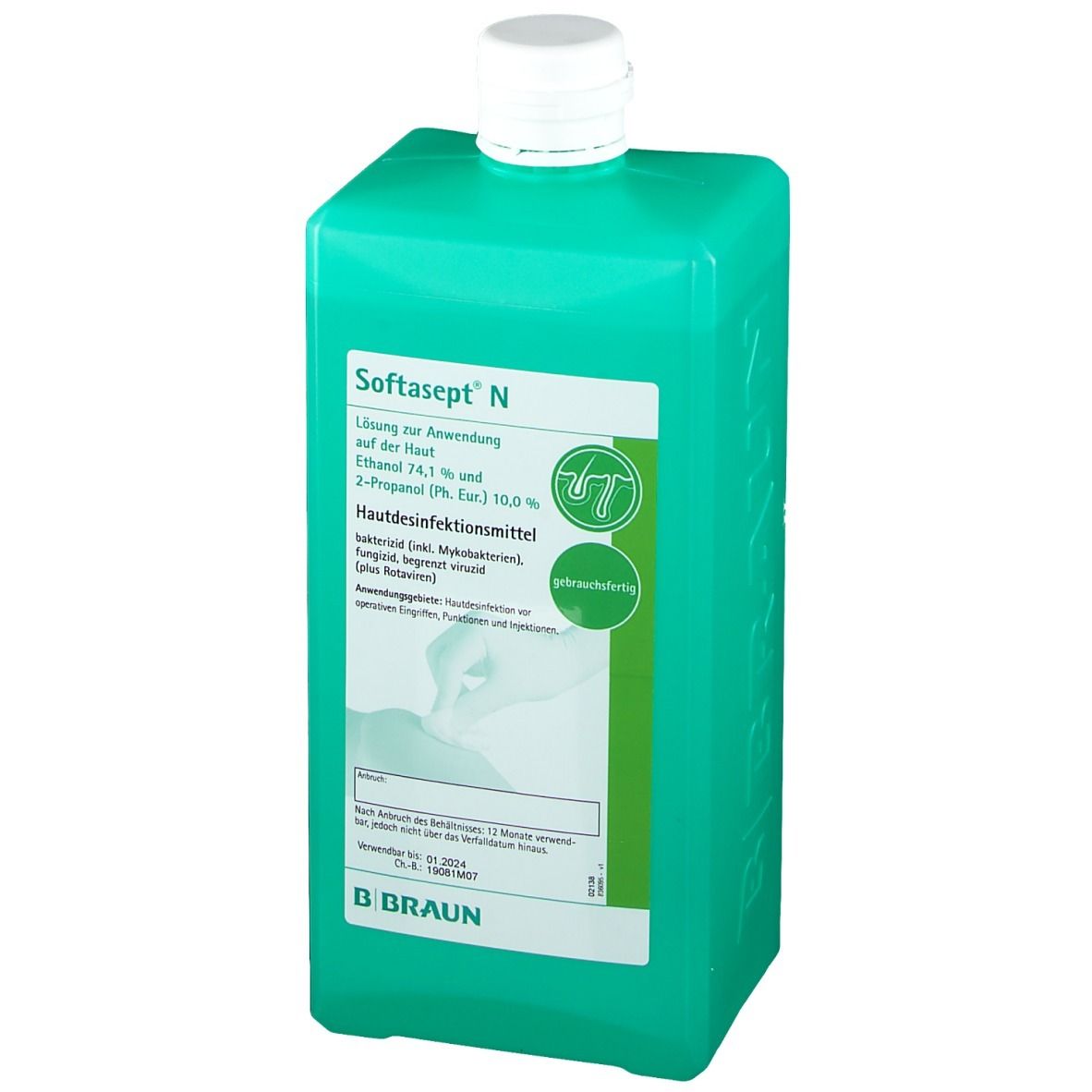 Grüne Flasche mit weißem Deckel. Softasept N. Hautdesinfektionsmittel. B. Braun Logo.