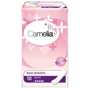 Verpackung mit Damenbinden. Marke Camelia, rosa Design mit Blüten. "Maxi Binden Nacht" und Anzahl 10 Stück.