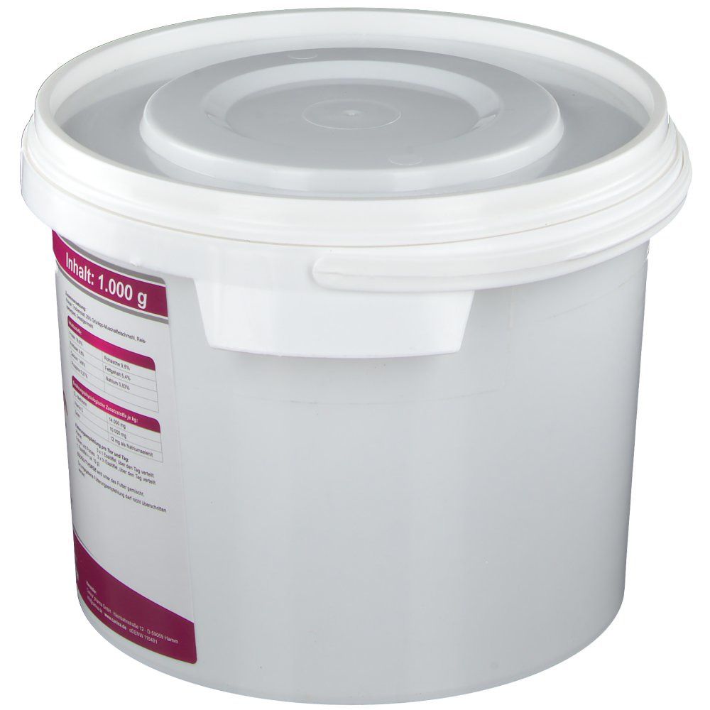 Weißer Eimer mit Deckel. Aufschrift Inhalt: 1.000 g. Etikett mit Inhaltsangaben. Rosa Streifen. Weißer Deckel mit Griff. Seitliche Ansicht.