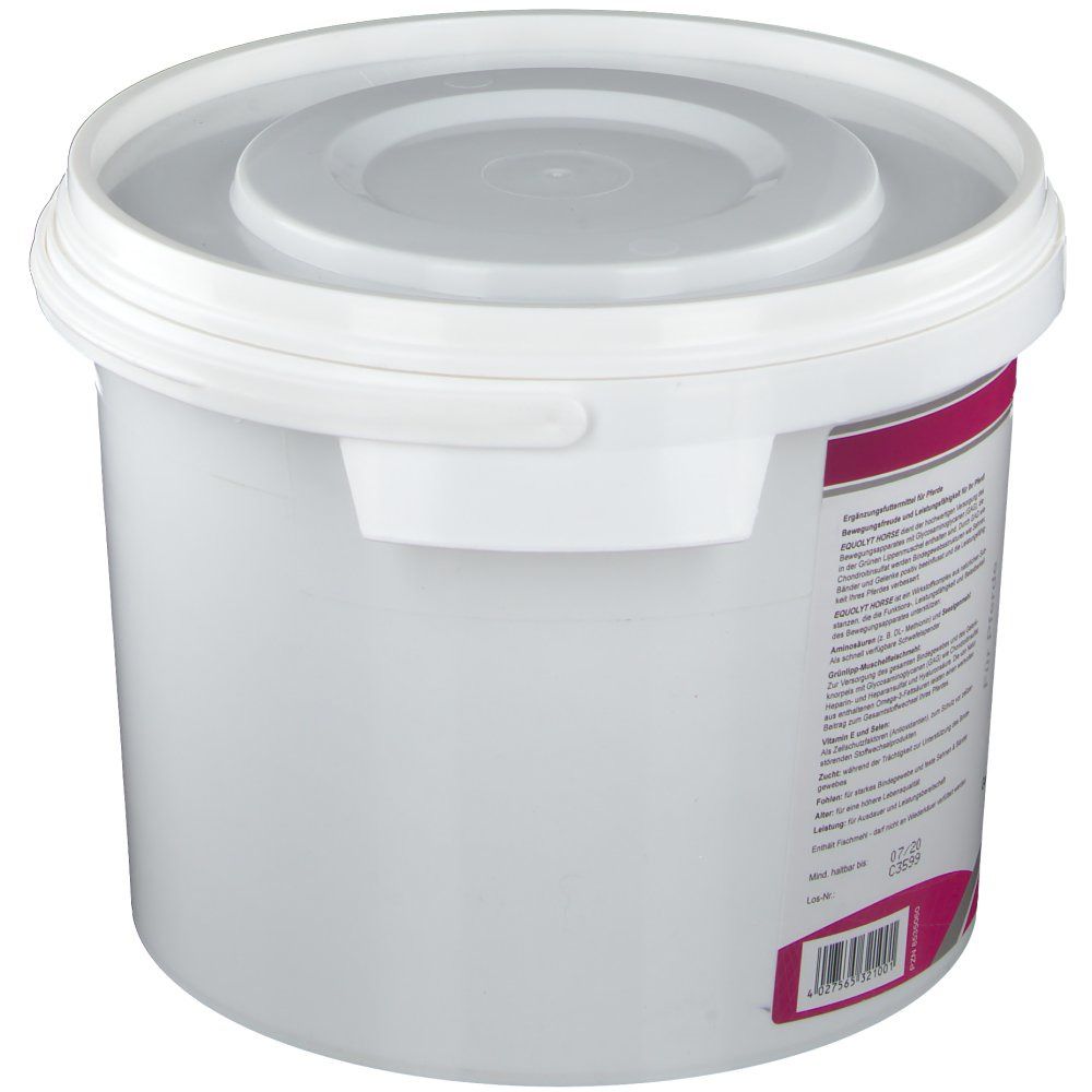 Weißer Eimer mit Deckel. Etikett mit Text und rosa Streifen. Weißer Deckel mit Griff. Seitliche Ansicht. Ohne weitere Beschriftung.