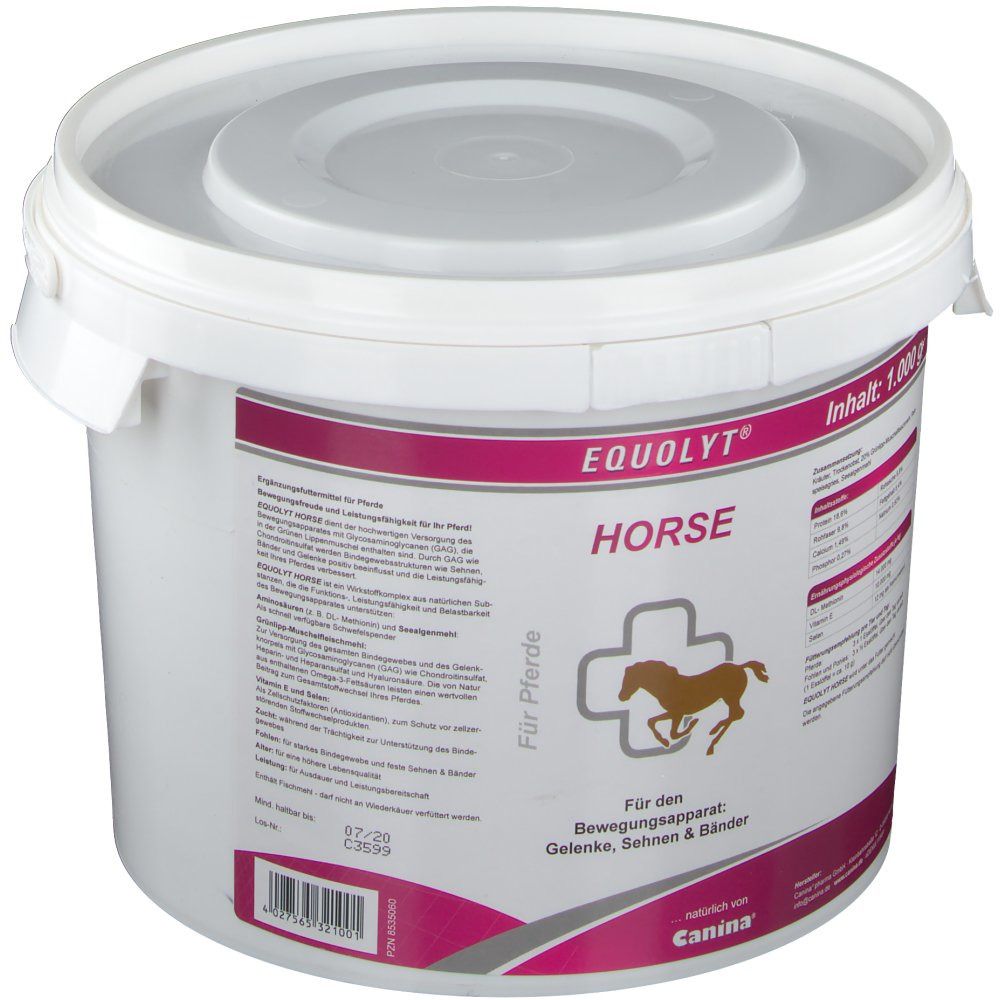 Weißer Eimer mit Deckel. Aufschrift EQUOLYT HORSE, Logo mit Pferd. Text: Für Pferde, Gelenke, Sehnen & Bänder. Inhalt: 1.000 g. Canina-Logo.