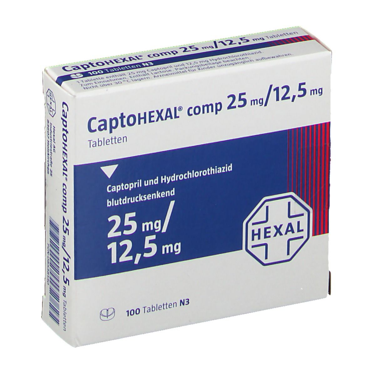 Schachtel mit Tabletten. Aufschrift: CaptoHEXAL comp 25 mg/12,5 mg Tabletten. Enthält 100 Tabletten. Logo: HEXAL.