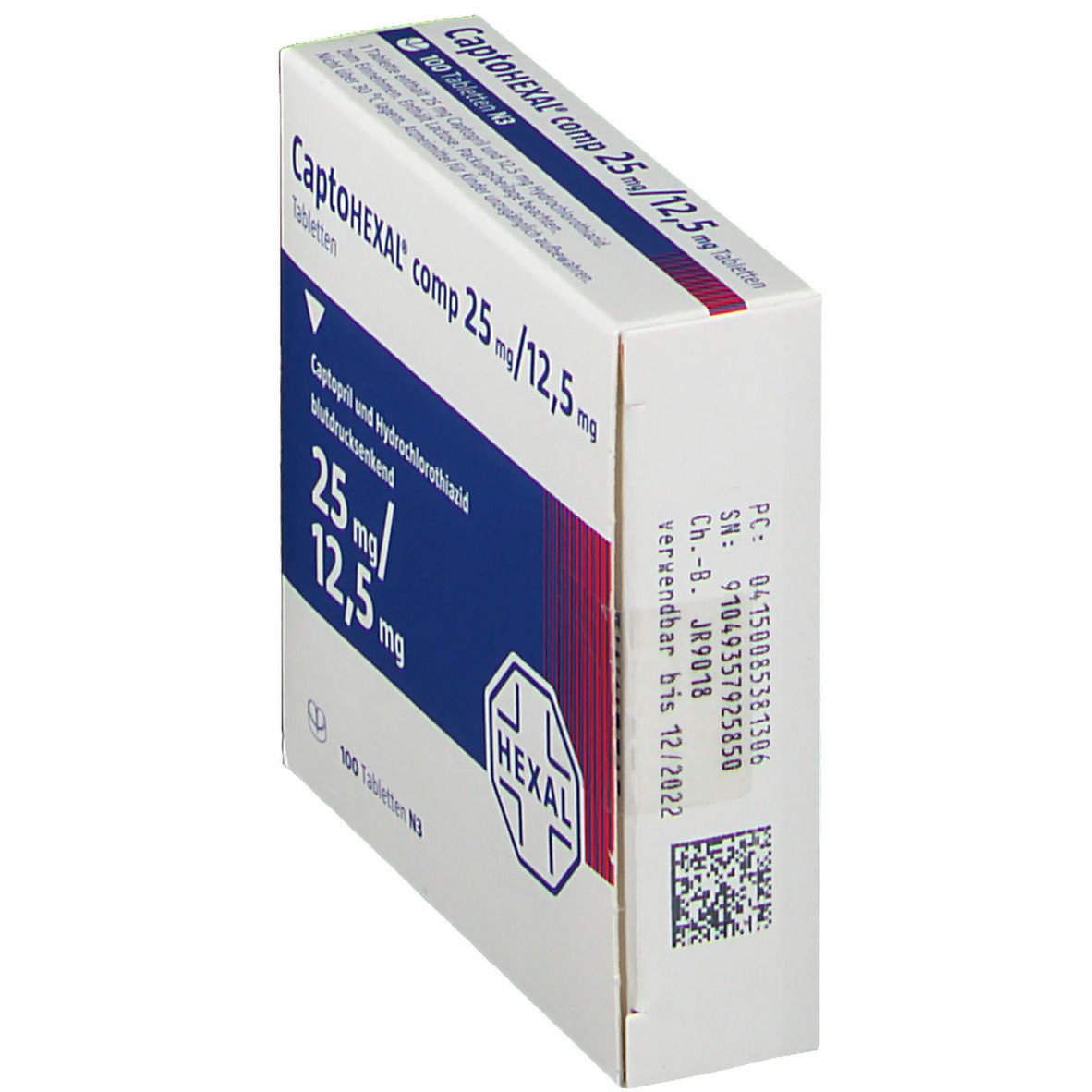 Tablettenschachtel, Seitenansicht. Aufschrift: CaptoHEXAL comp 25 mg/12,5 mg Tabletten. Logo: HEXAL. Enthält 100 Tabletten.