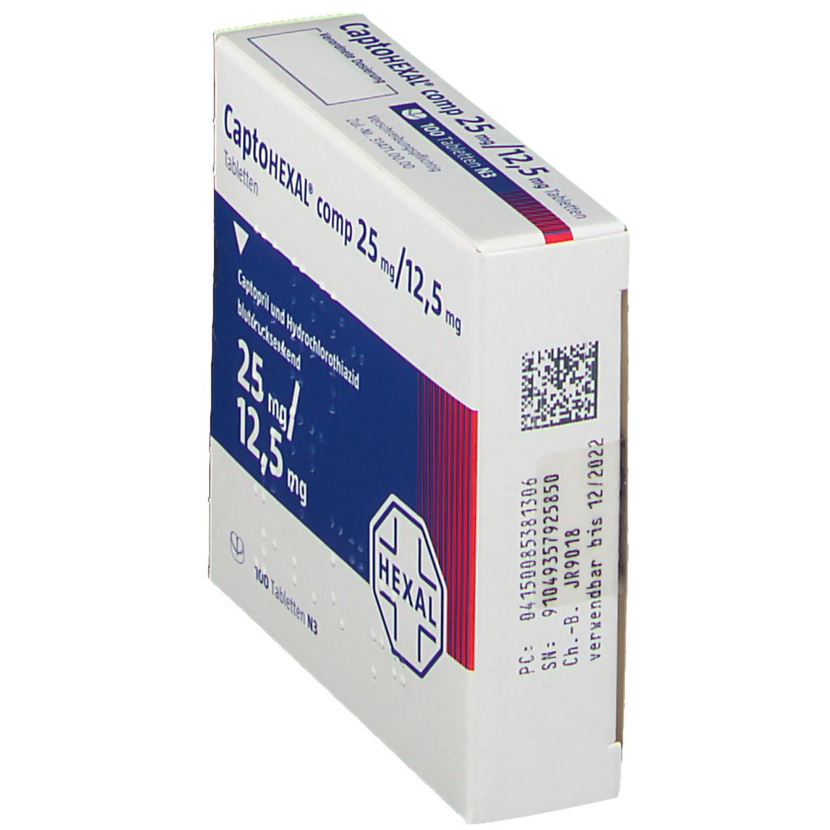 Tablettenschachtel, Seitenansicht. Aufschrift: CaptoHEXAL comp 25 mg/12,5 mg Tabletten. Logo: HEXAL. Enthält 100 Tabletten.
