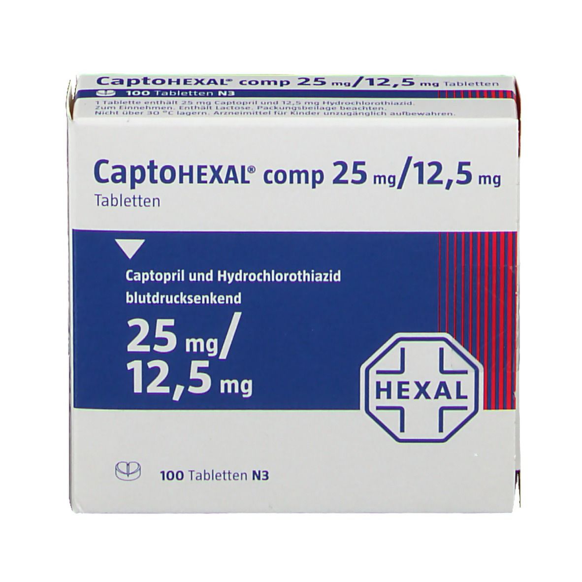 Tablettenschachtel. Aufschrift: CaptoHEXAL comp 25 mg/12,5 mg Tabletten. Enthält 100 Tabletten. Logo: HEXAL. Blaue und weiße Farbgebung.