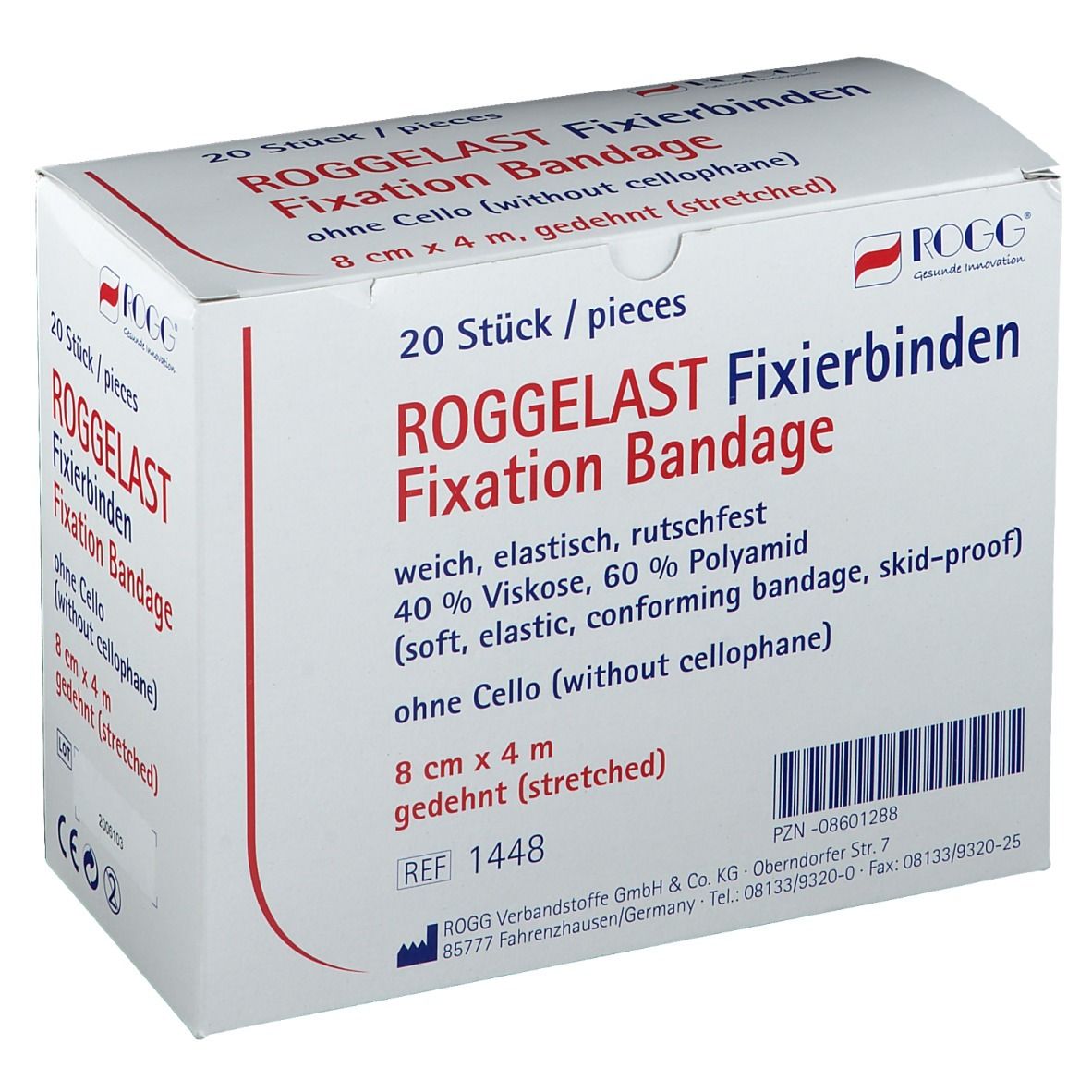 ROGGELAST Fixierbinden-Verpackung. 20 Stück. 8 cm x 4 m. Aufschrift: weich, elastisch, rutschfest. Weißer Karton mit Produktinformationen.