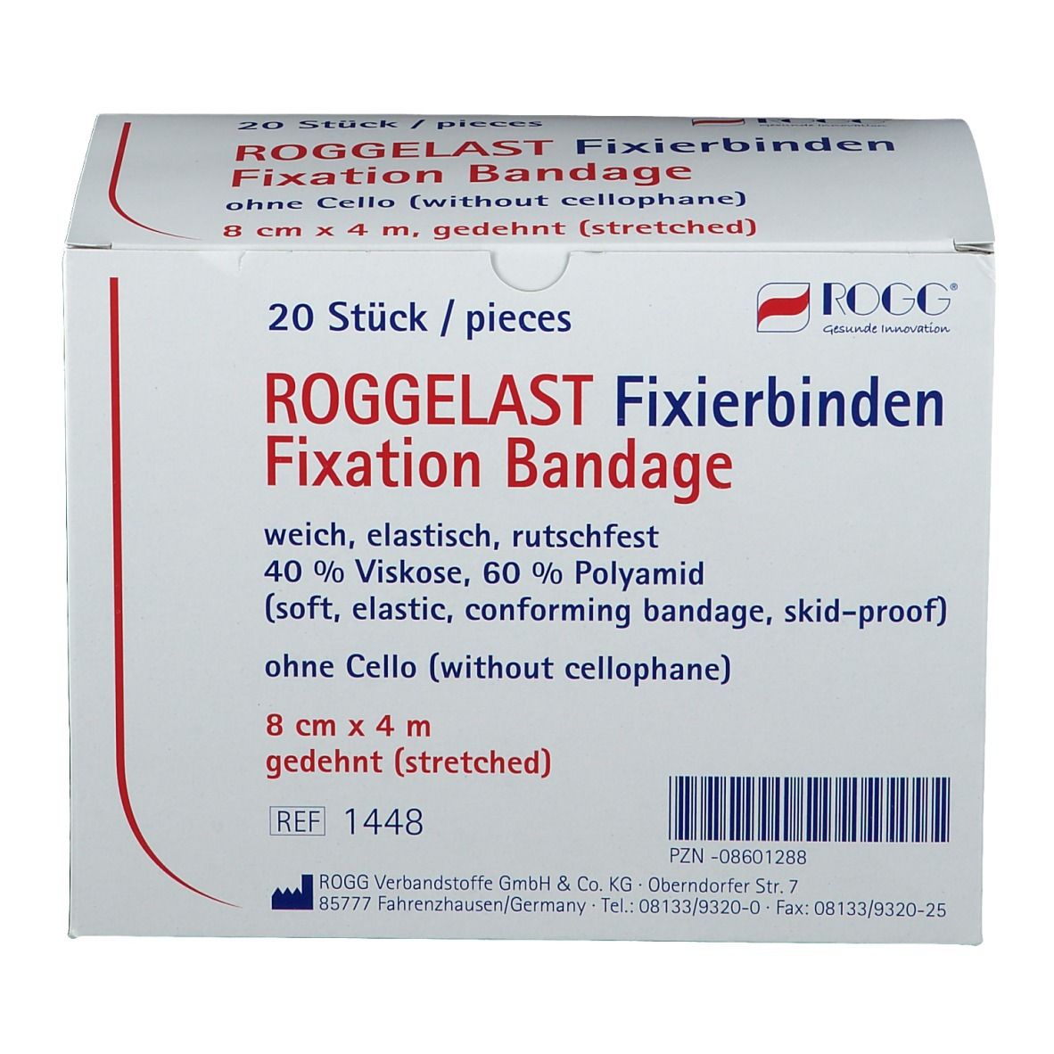 ROGGELAST Fixierbinden-Verpackung. 20 Stück. 8 cm x 4 m. Aufschrift: weich, elastisch, rutschfest. Weißer Karton mit Produktinformationen.