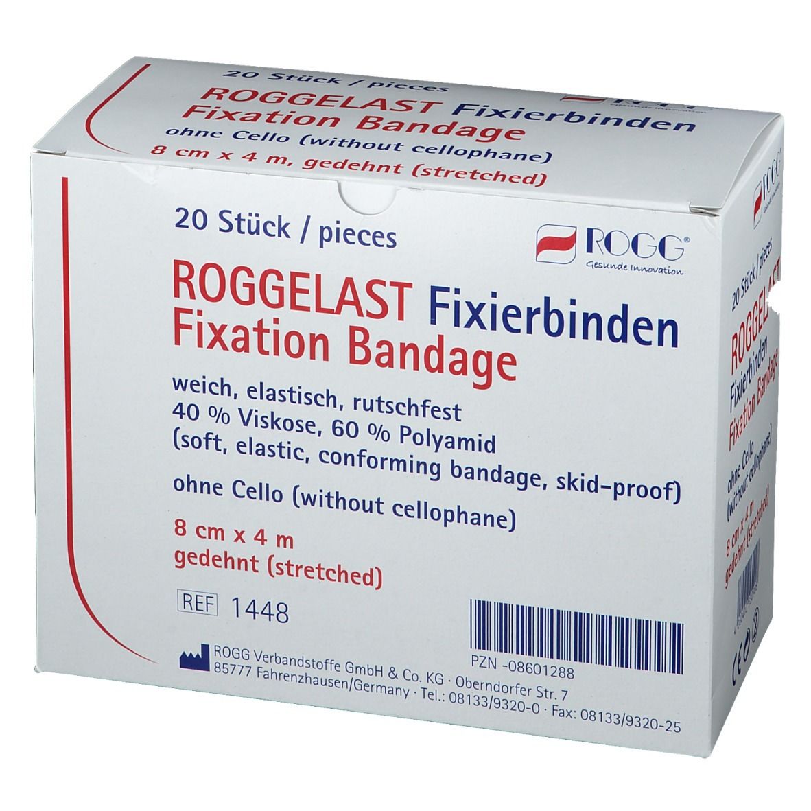 ROGGELAST Fixierbinden-Verpackung. 20 Stück. 8 cm x 4 m. Aufschrift: weich, elastisch, rutschfest. Weißer Karton, schräg gestellt.