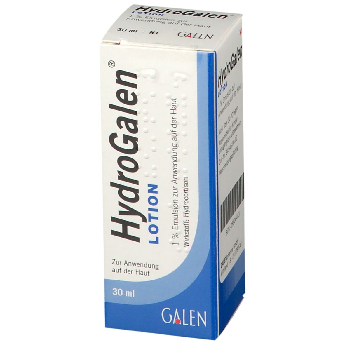 HydroGalen Lotion-Verpackung. Weißer Karton mit blauer Basis. Produktname und Details in Deutsch.
