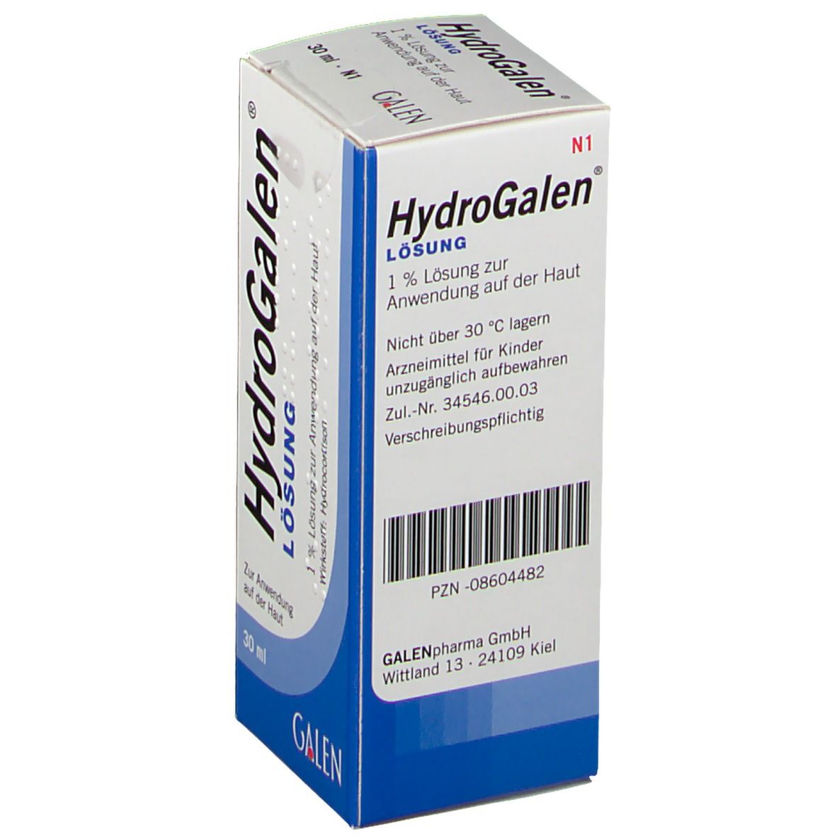 HydroGalen Lösung-Verpackung. Weiße und blaue Schachtel mit Produktinformationen. Enthält 1% Lösung zur Anwendung auf der Haut.