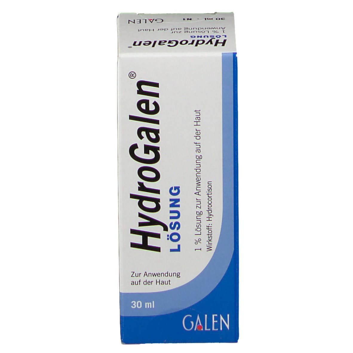 HydroGalen Lösung-Verpackung. Blaue und weiße Schachtel mit Produktnamen und Inhaltsangaben. 30 ml.