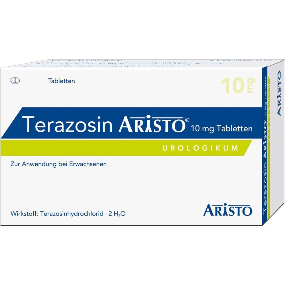 Verpackung von Terazosin Aristo 10 mg Tabletten. Weiße Schachtel mit blauer und grüner Schrift. 10 mg Dosierung.