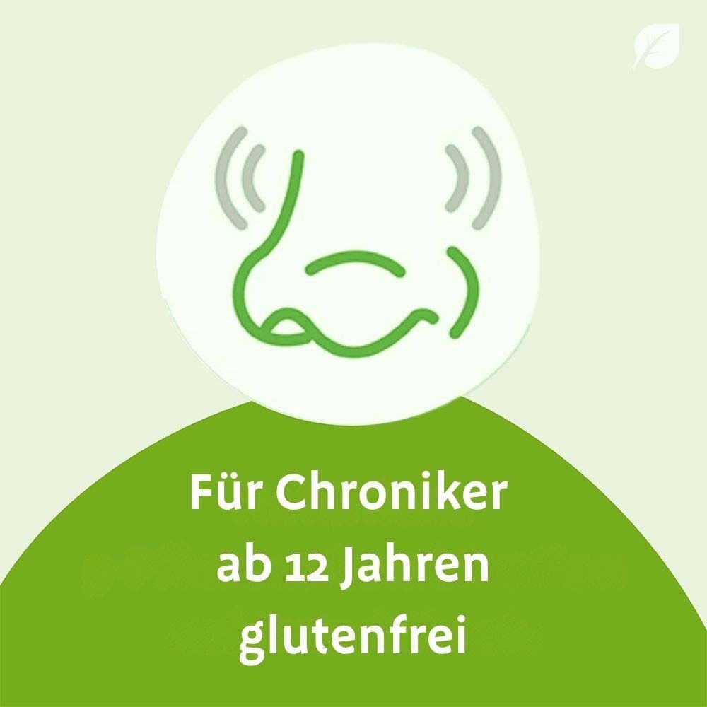 Grafik einer Nase mit Wellen. Text: Für Chroniker ab 12 Jahren, glutenfrei.