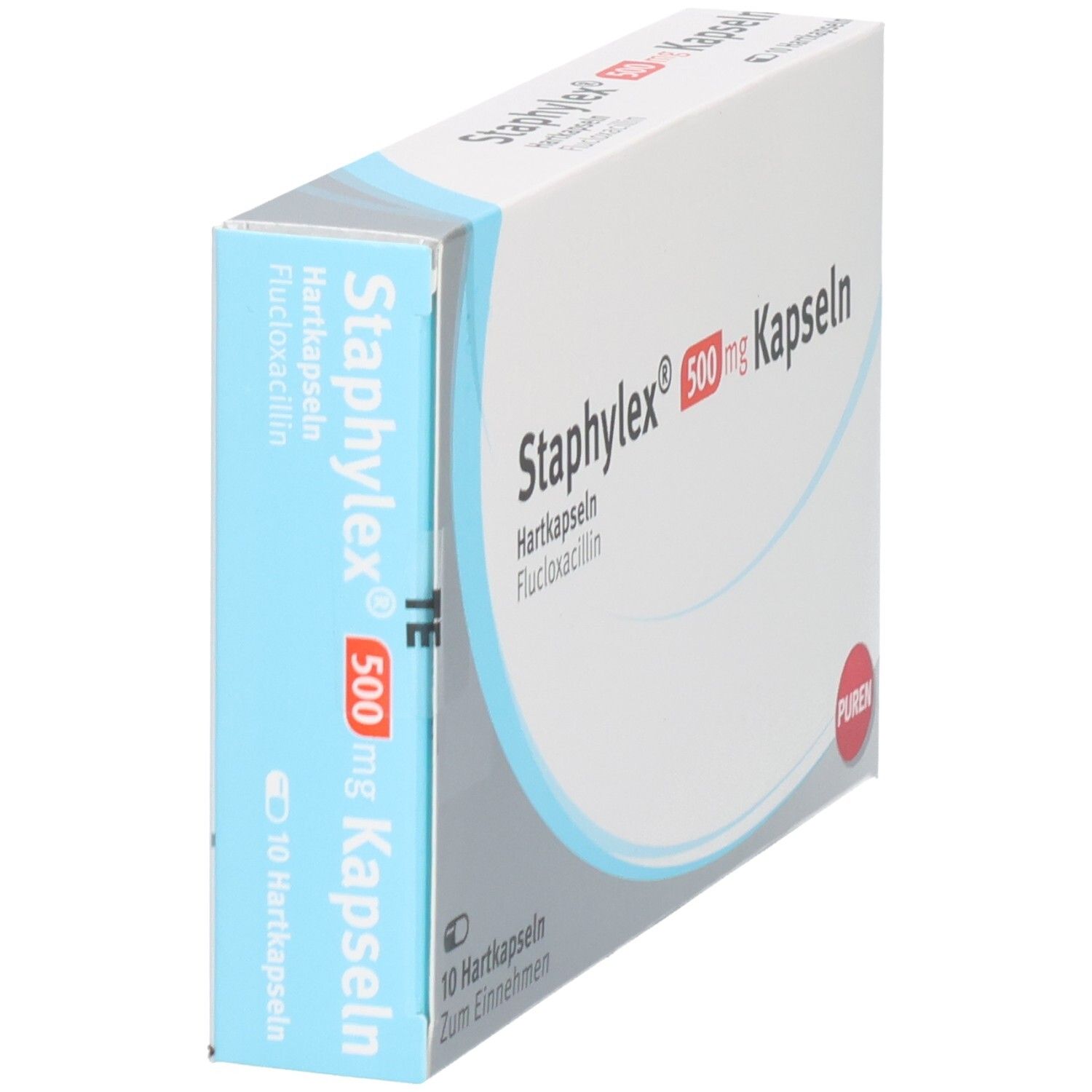 Schachtel mit Staphylex® 500 mg Kapseln. Blaue und weiße Verpackung. Aufschrift: 10 Hartkapseln. PUREN-Logo.