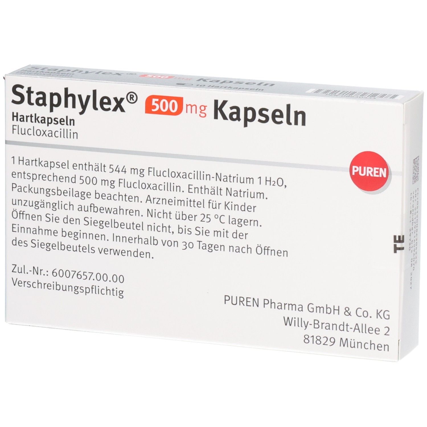 Nahaufnahme der Staphylex® 500 mg Kapseln-Verpackung. Textliche Informationen auf weißem Hintergrund. PUREN-Logo.