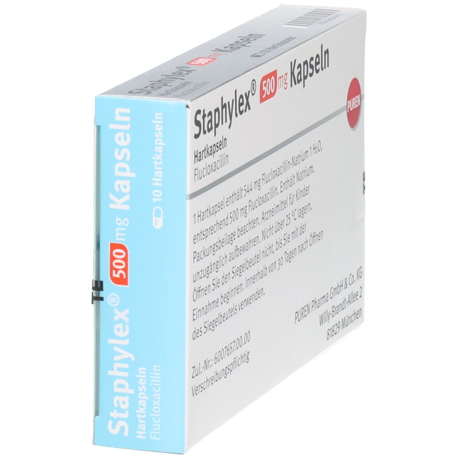 Schachtel mit Staphylex® 500 mg Kapseln. Blaue und weiße Verpackung. Aufschrift: 10 Hartkapseln. PUREN-Logo.