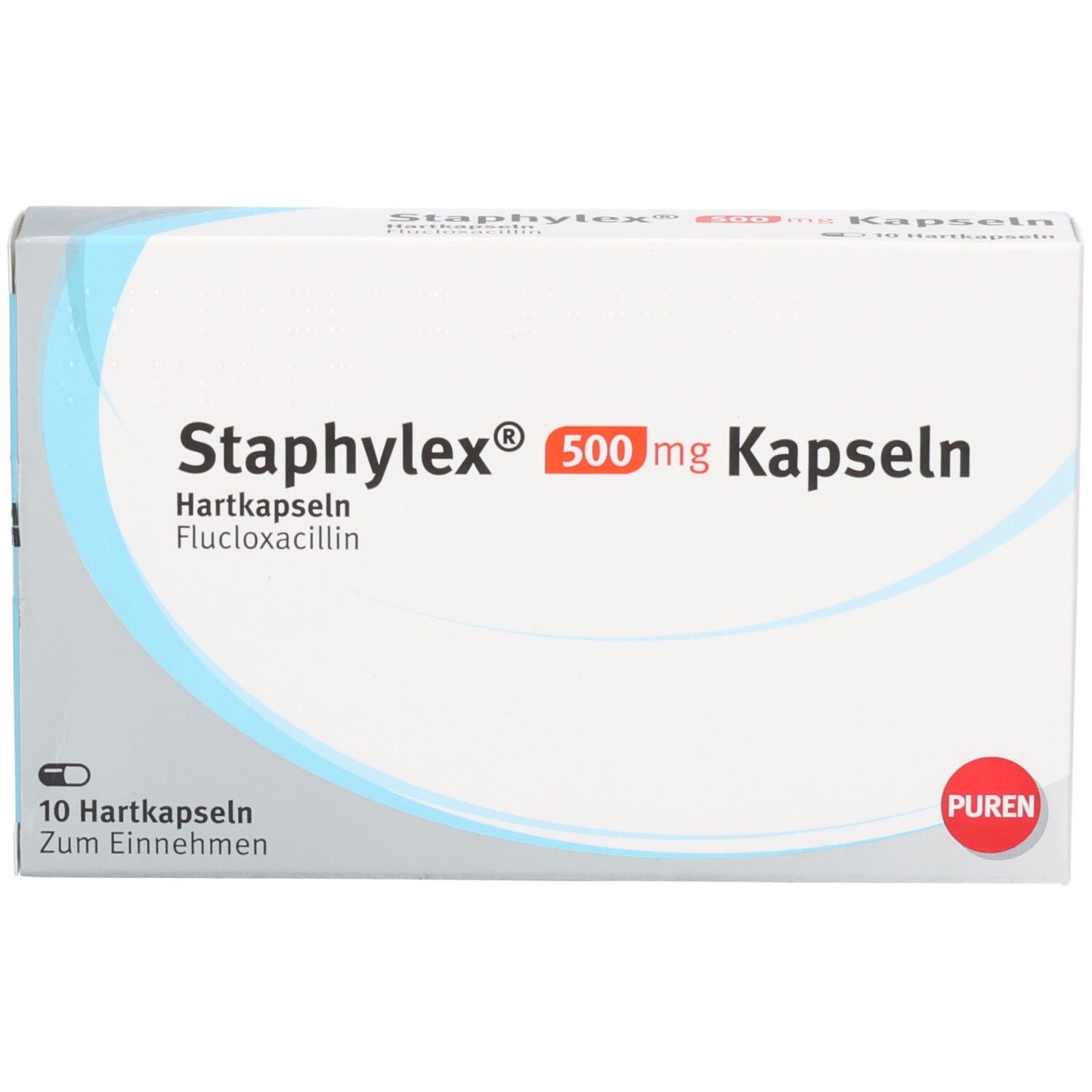Staphylex® 500 mg Kapseln-Verpackung. Weiße Schachtel mit blauen Akzenten. Aufschrift: 10 Hartkapseln. PUREN-Logo.