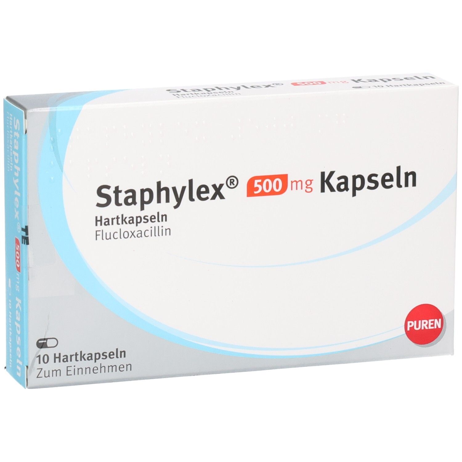 Staphylex® 500 mg Kapseln-Verpackung. Weiße Schachtel mit blauen Akzenten. Aufschrift: 10 Hartkapseln. PUREN-Logo.