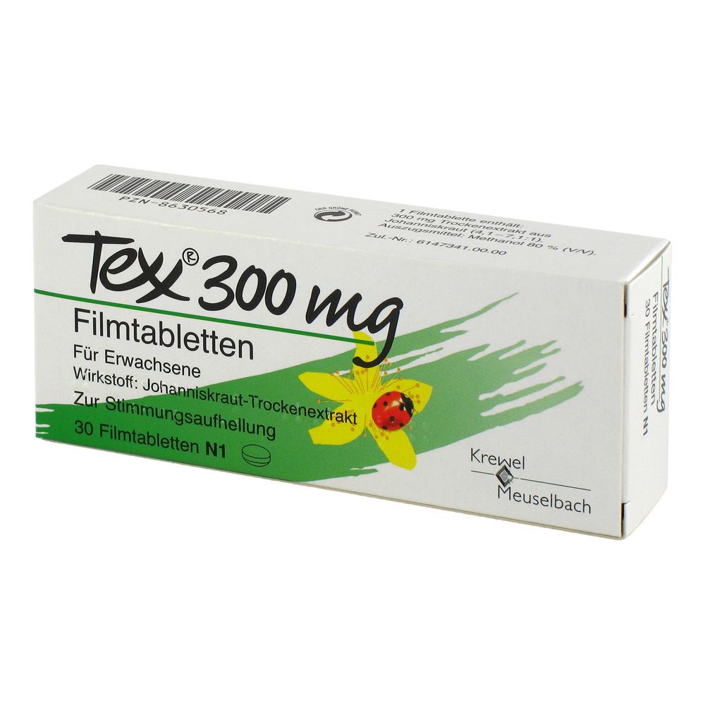 Schachtel mit Texx 300 mg Filmtabletten. Aufschrift: Für Erwachsene, 30 Filmtabletten N1. Mit Johanniskraut-Trockenextrakt.