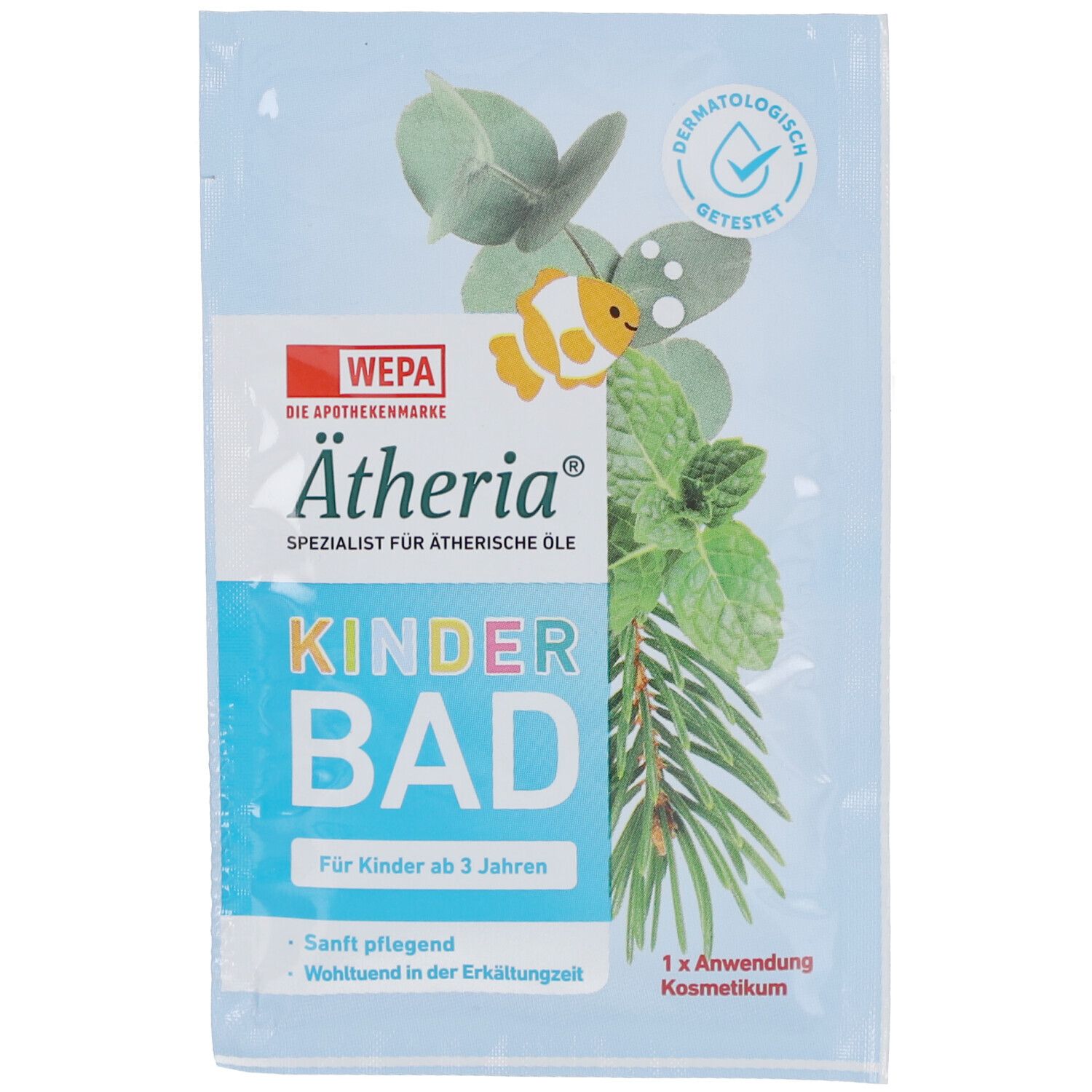 Kinderbad-Packung mit Logo, Text und Illustrationen. Dermatologisch getestet. Für Kinder ab 3 Jahren.
