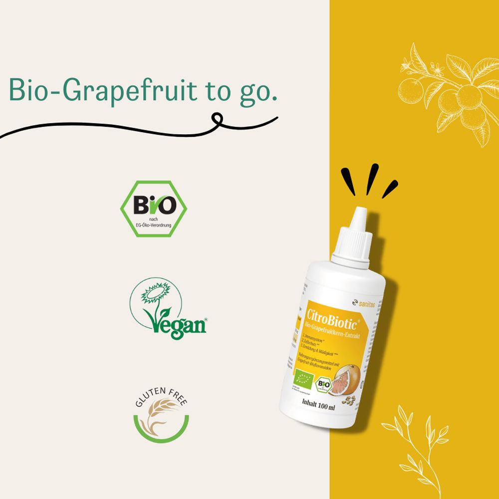 Weiße Tropfflasche mit gelbem Etikett, neben Bio- und Vegan-Siegeln. Hintergrund mit Grapefruit-Zweigen.