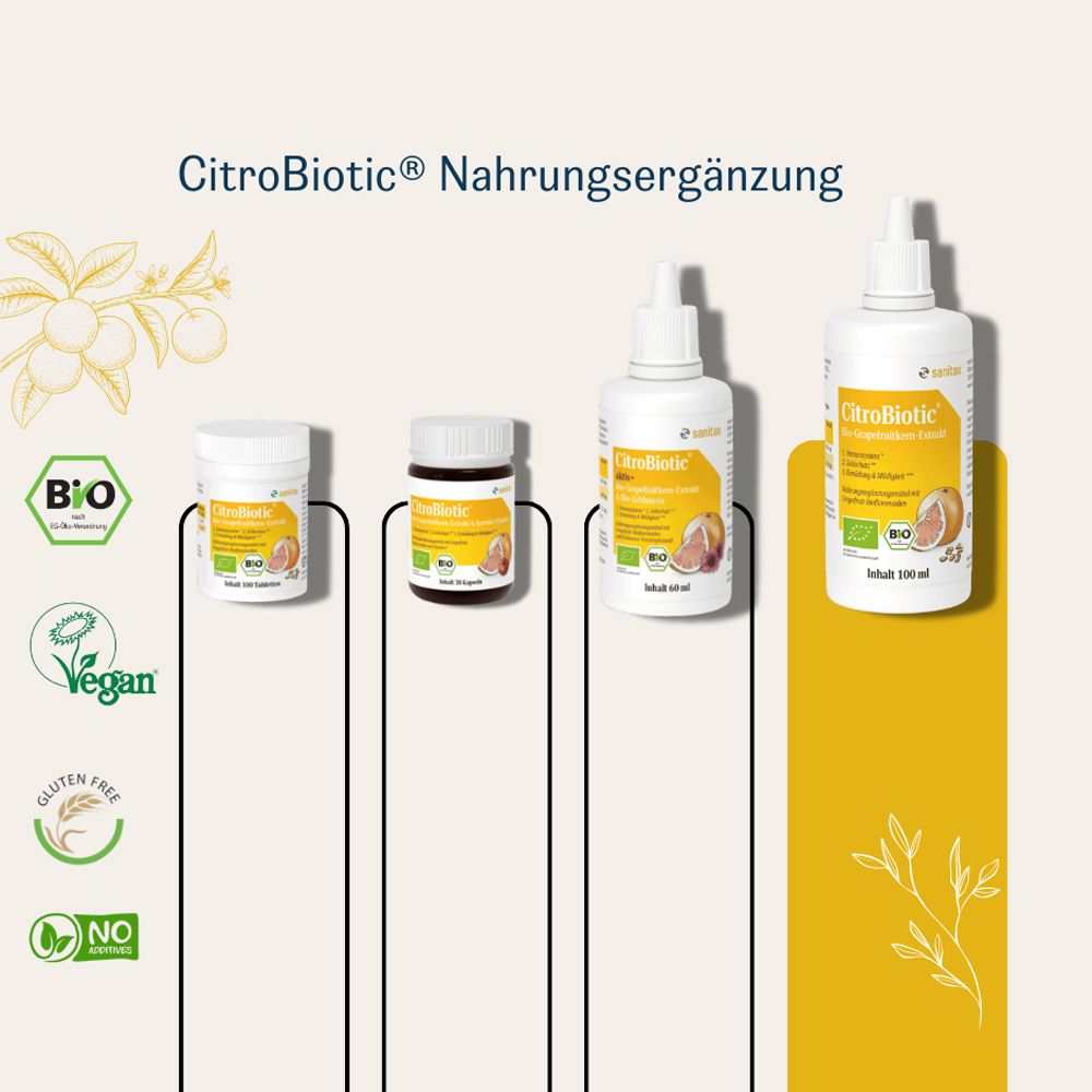 Drei weiße Flaschen und ein weißer Tiegel mit gelben Etiketten, Bio-Grapefruitkernextrakt. Verschiedene Größen.