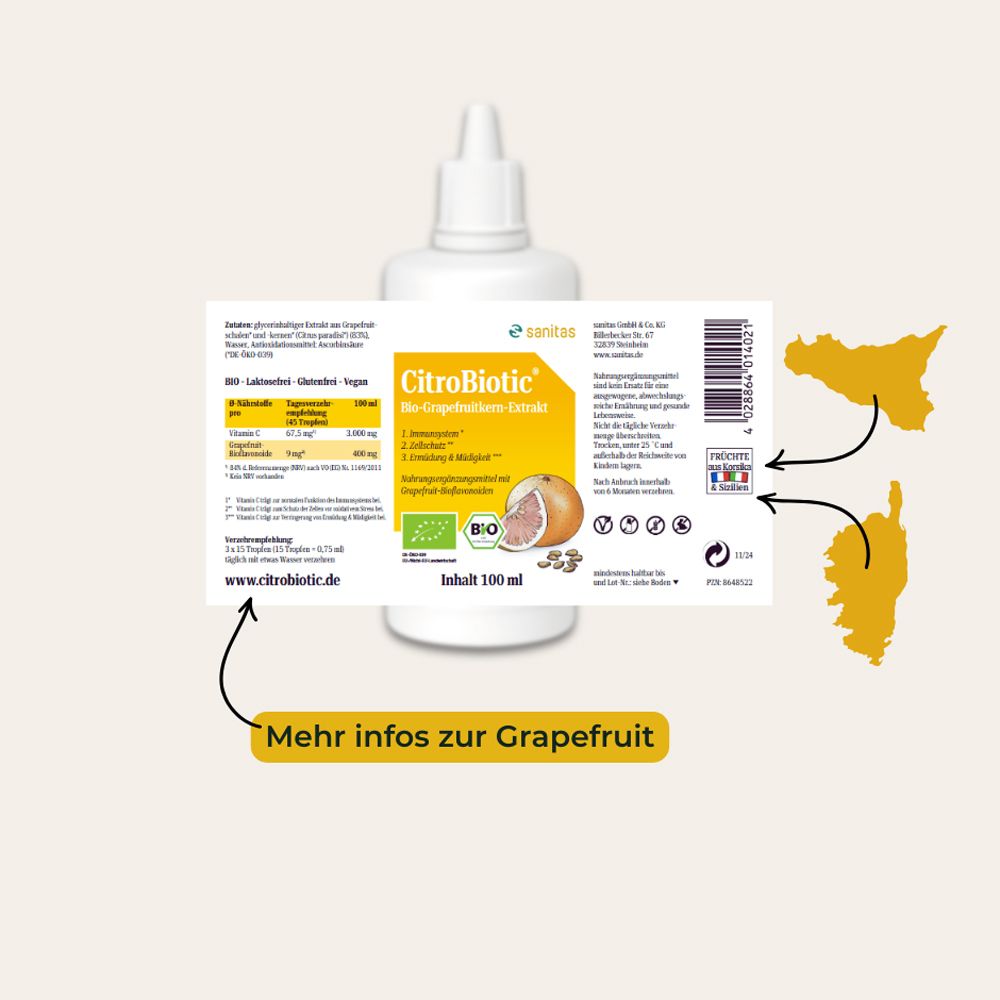 Weiße Tropfflasche mit gelbem Etikett, zeigt Grapefruit und Bio-Siegel. Inhalt 20 ml.