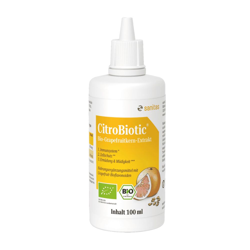 Citrobiotic Bio-Grapefruitkern-Extrakt Tropfflasche, 100 ml. Mit Bio-Siegel und Grapefruit-Abbildung.