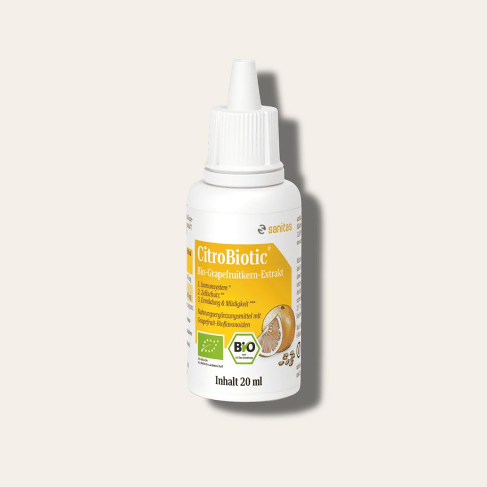 Citrobiotic Bio-Grapefruitkern-Extrakt Tropfflasche, 20 ml. Mit Bio-Siegel und Grapefruit-Abbildung.