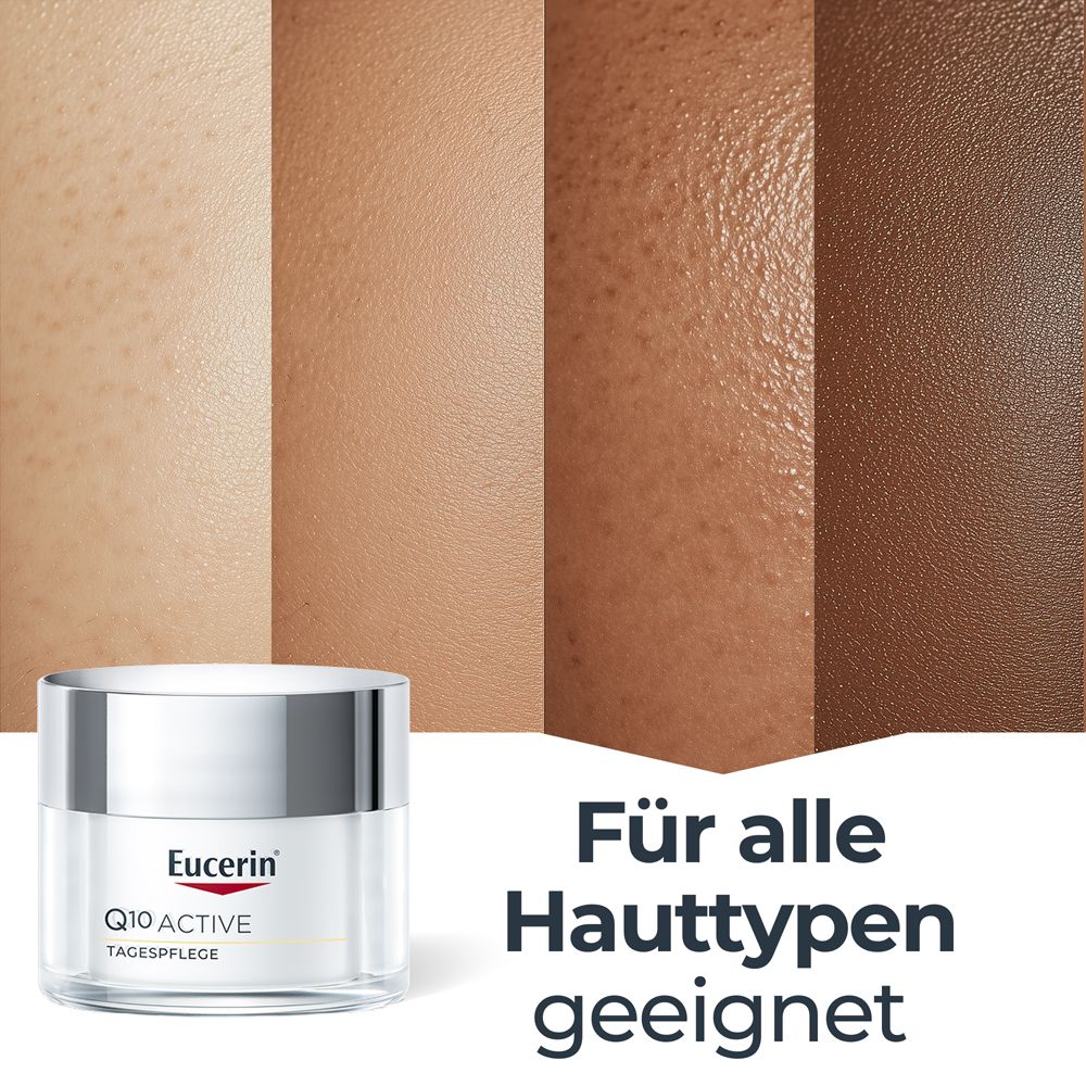Creme-Tiegel. Eucerin Q10 Active Tagespflege. Geeignet für alle Hauttypen.