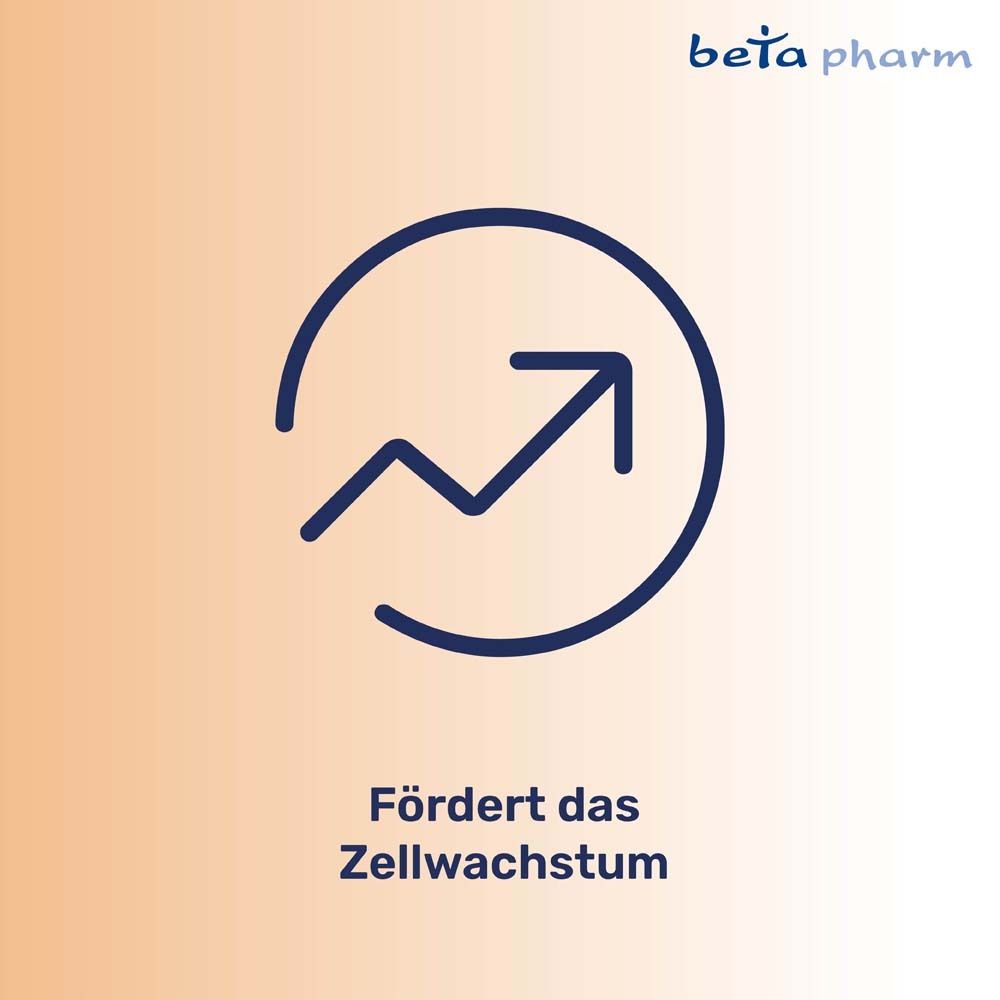 Pfeilsymbol nach oben. Text: Fördert das Zellwachstum. Beta pharm Logo.