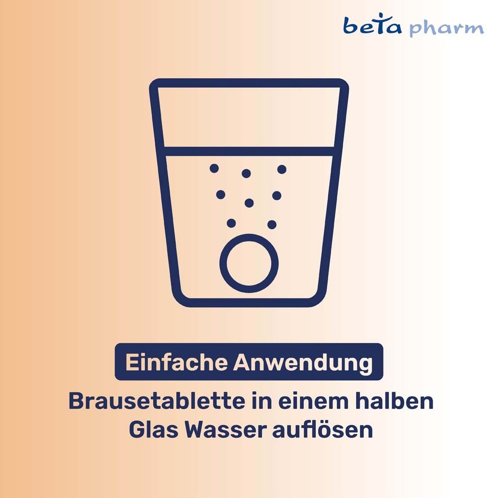 Symbol: Brausetablette in Wasser. Text: Einfache Anwendung. Brausetablette in einem halben Glas Wasser auflösen.