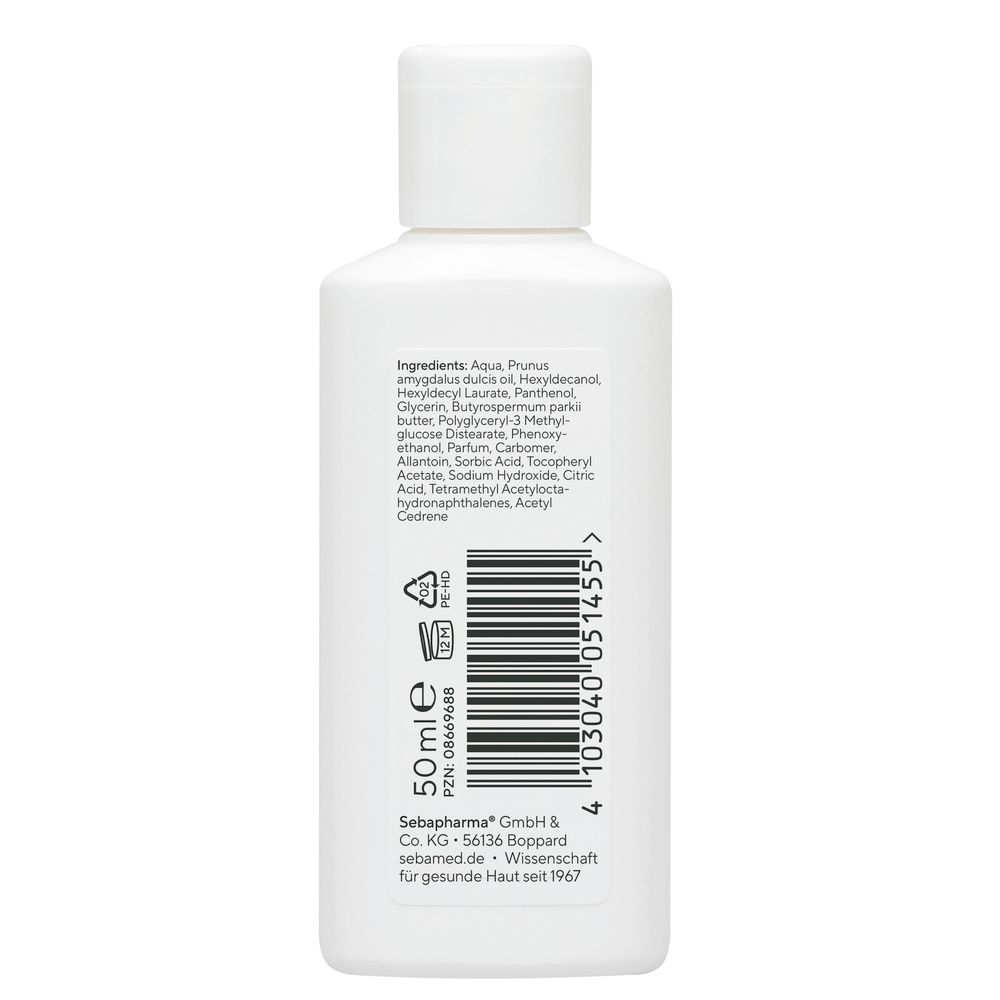 Rückseite einer weißen Flasche mit Inhaltsstoffen und Barcode. Enthält 50 ml. Hersteller: Sebapharma GmbH & Co. KG.