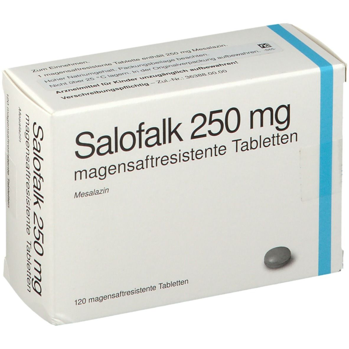 Schachtel mit Salofalk 250 mg Tabletten. Aufschrift: Salofalk 250 mg, magensaftresistente Tabletten. Eine Tablette liegt daneben.