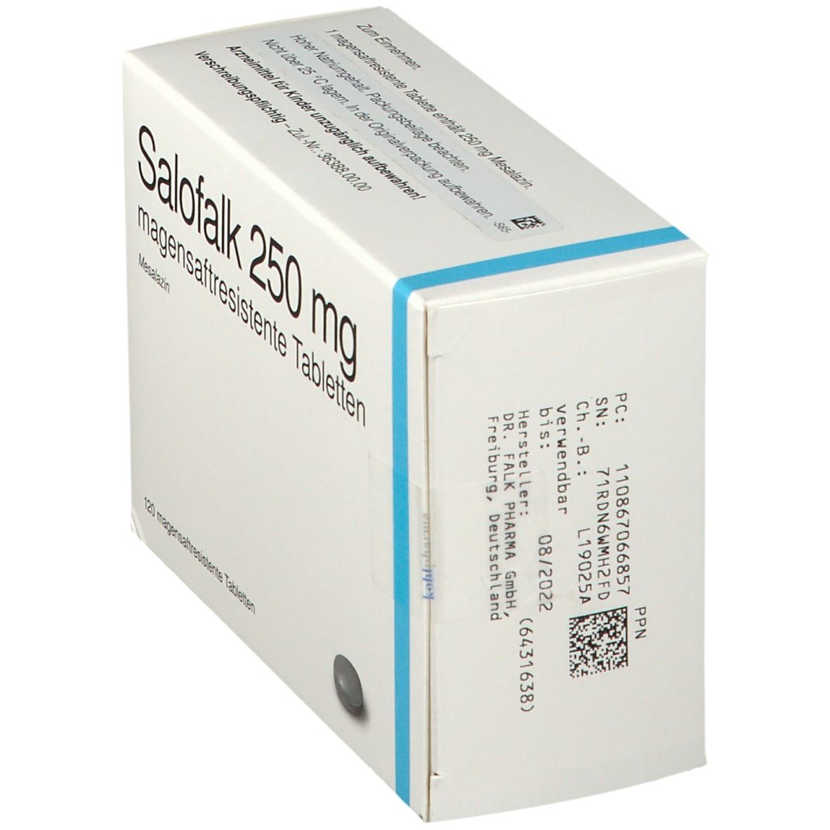Schachtel mit Salofalk 250 mg Tabletten. Aufschrift: Salofalk 250 mg, magensaftresistente Tabletten. Detailansicht der Verpackung.