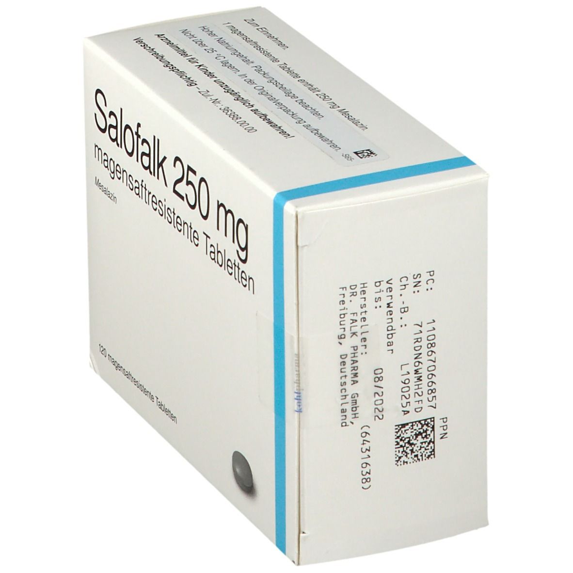 Schachtel mit Salofalk 250 mg Tabletten. Aufschrift: Salofalk 250 mg, magensaftresistente Tabletten. Detailansicht der Verpackung.
