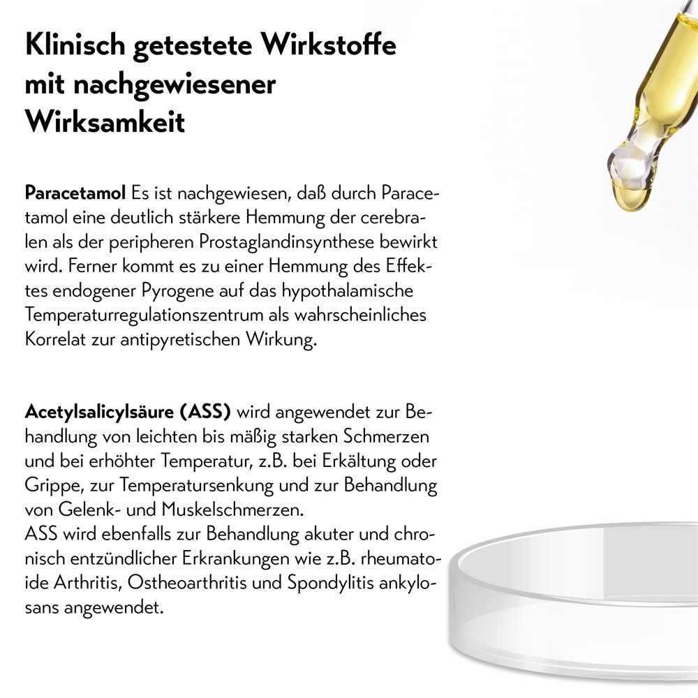 Nahaufnahme von Tropfen in einem Reagenzglas und einem Petrischalen-Deckel. Text über Wirkstoffe.