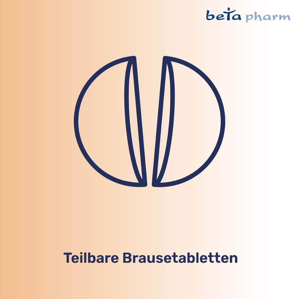 Zwei Hälften einer Tablette. Text: Teilbare Brausetabletten. Logo beta pharm.