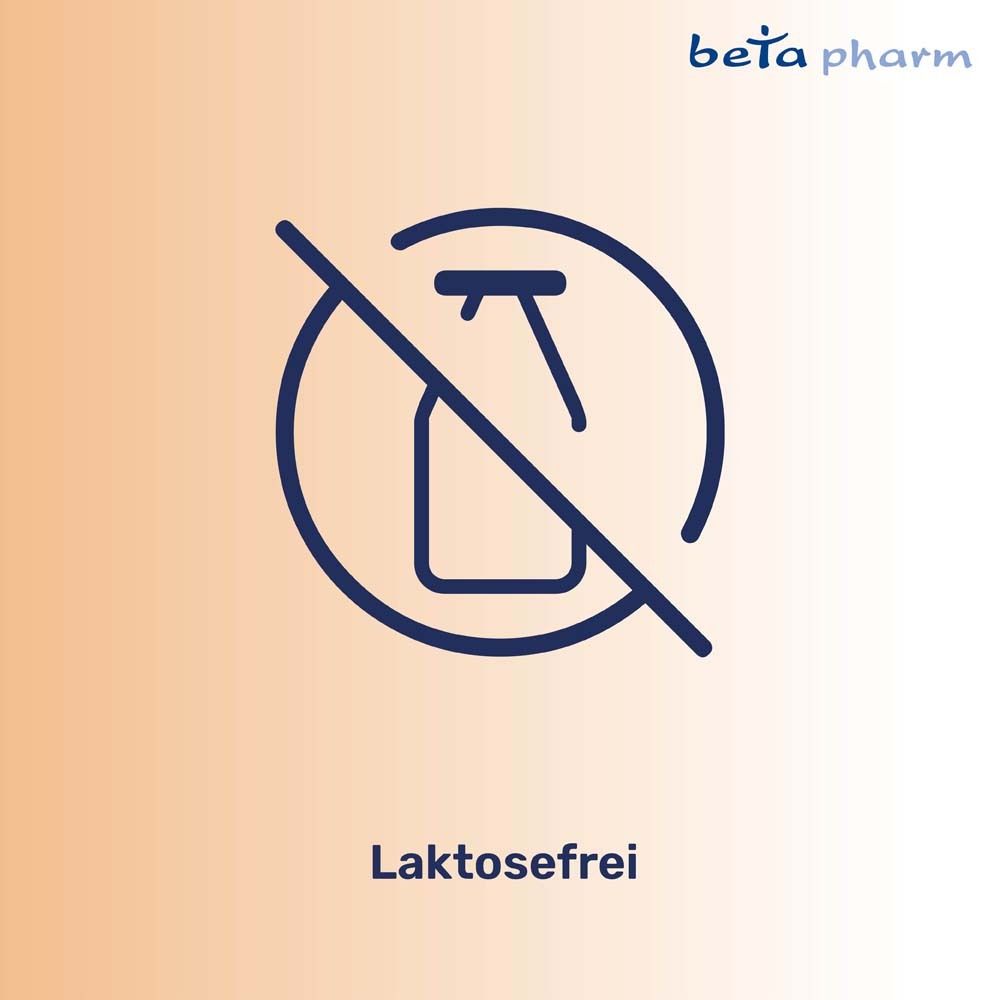 Symbol: Flasche durchgestrichen. Text: Laktosefrei. Logo beta pharm.