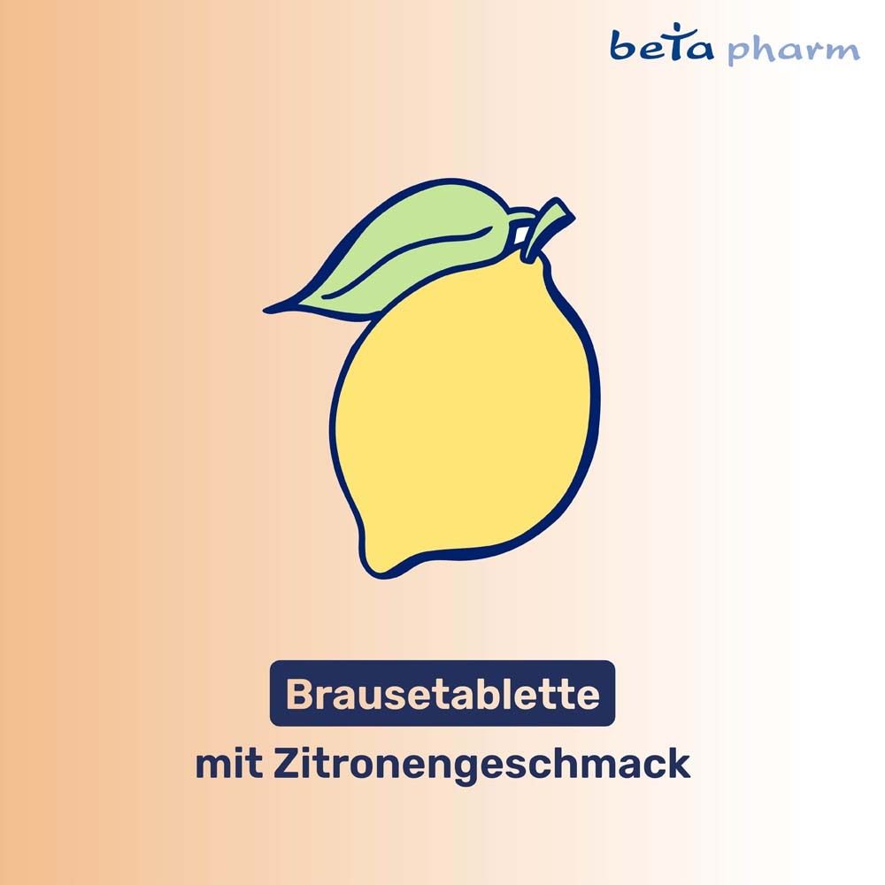 Zitrone mit Blatt. Text: Brausetablette mit Zitronengeschmack. Logo beta pharm.