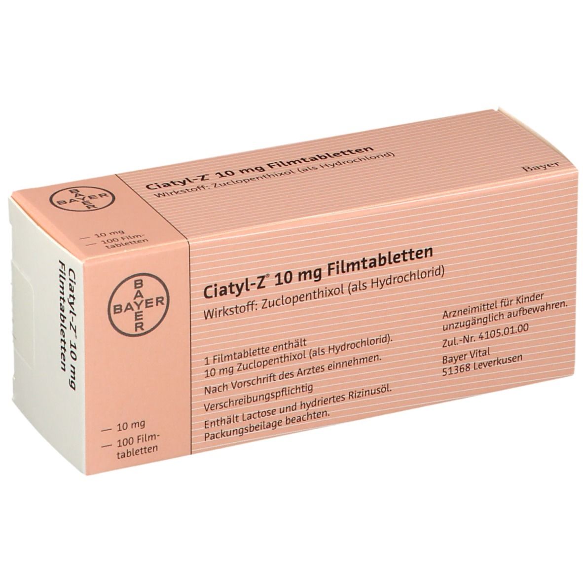 Ciatyl-Z 10 mg Filmtabletten-Packung. Bayer-Logo. Text: 10 mg, 100 Filmtabletten. Rosa Schachtel mit blauer Schrift.