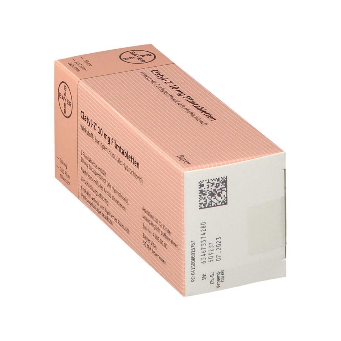 Ciatyl-Z 10 mg Filmtabletten-Packung. Bayer-Logo. Barcode. Rosa Schachtel mit orangefarbenen Streifen und blauer Schrift.
