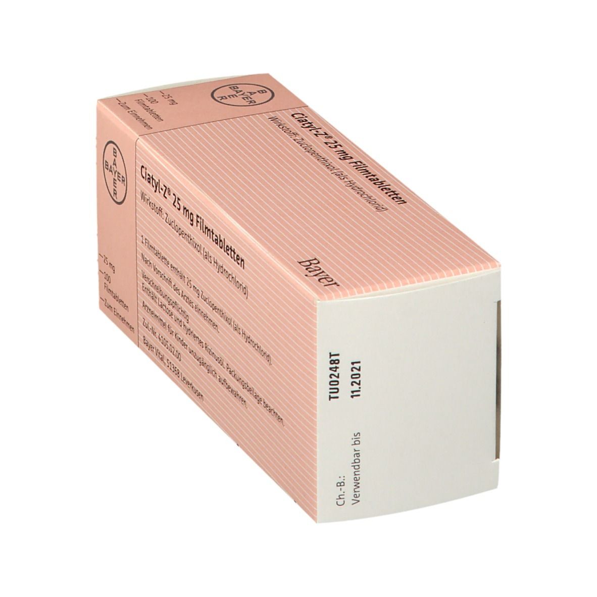 Ciatyl-Z® 25 mg Filmtabletten-Verpackung. Bayer-Logo. Text: Wirkstoff: Zuclopenthixol. Rosa-weiße Schachtel.