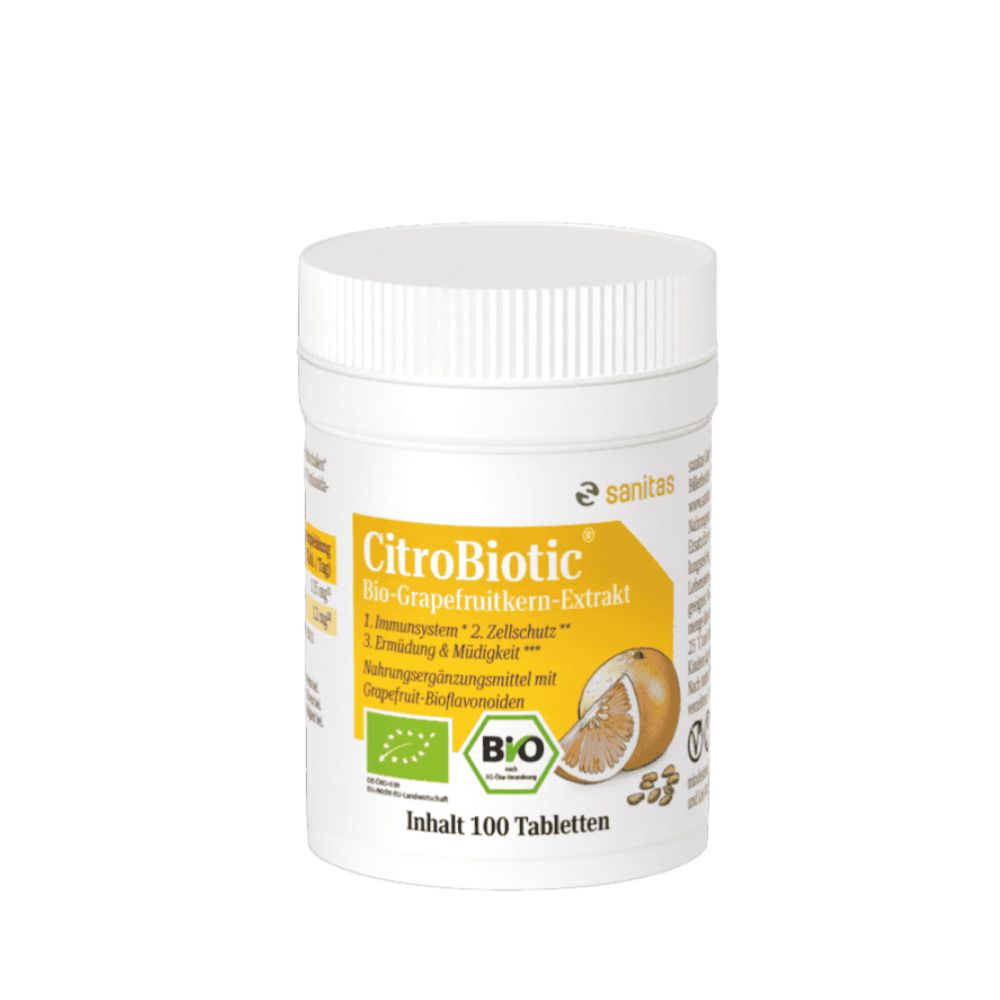 Citrobiotic Tabletten: Weißer Behälter mit gelbem Etikett, Grapefruit-Motiv, Bio-Siegel, 100 Tabletten.