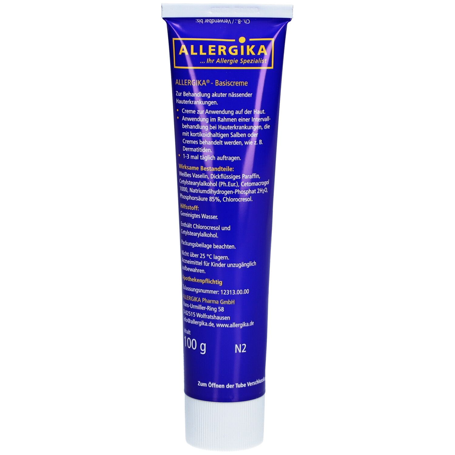 Blaue Tube mit weißem Deckel. Aufschrift: ALLERGIKA Basiscreme. Text: Inhaltsstoffe, Anwendungshinweise. 100g, N2.