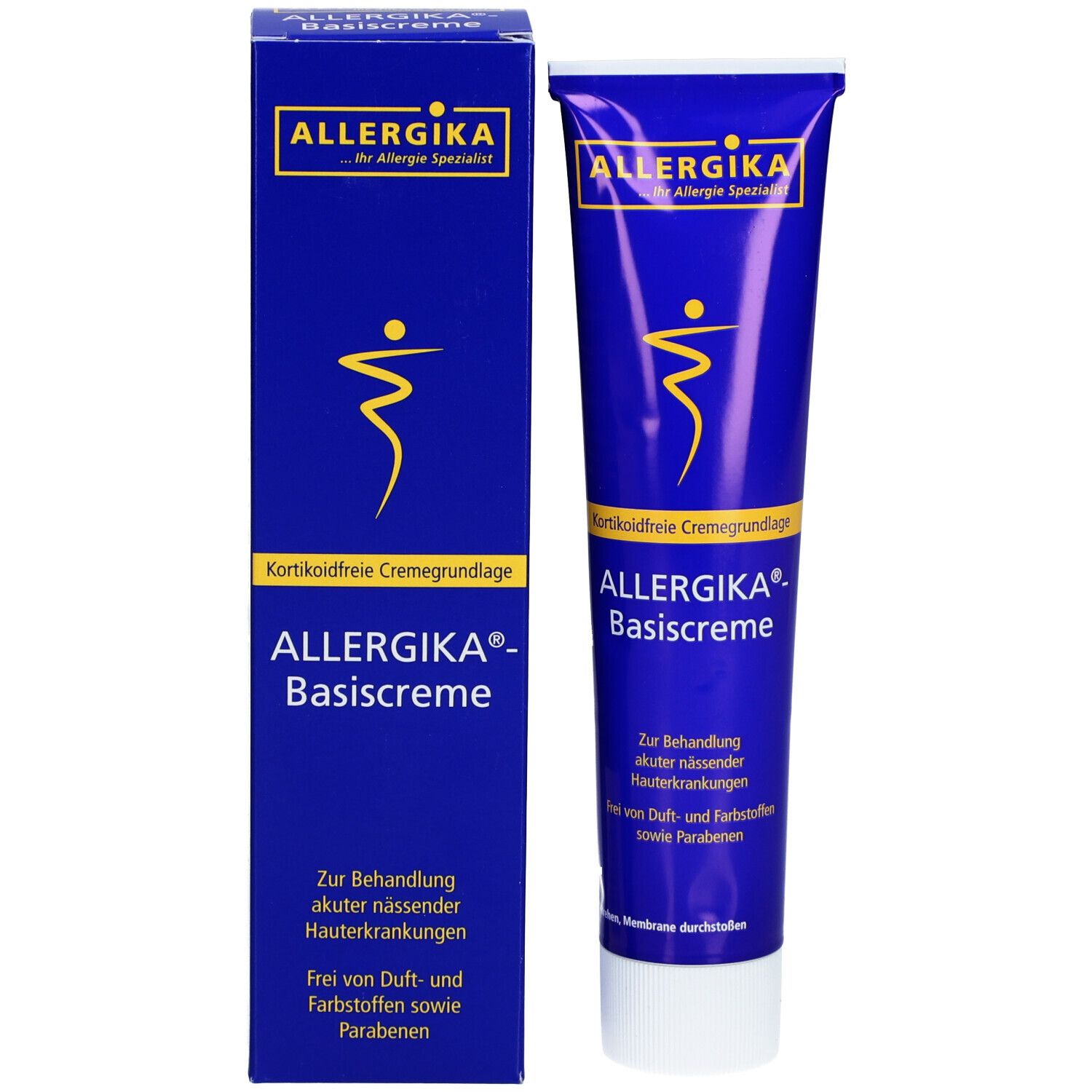 Produktverpackung: Tube und Schachtel. Aufschrift: ALLERGIKA Basiscreme. Logo: gelbe Figur. Text: kortikoidfreie Creme.